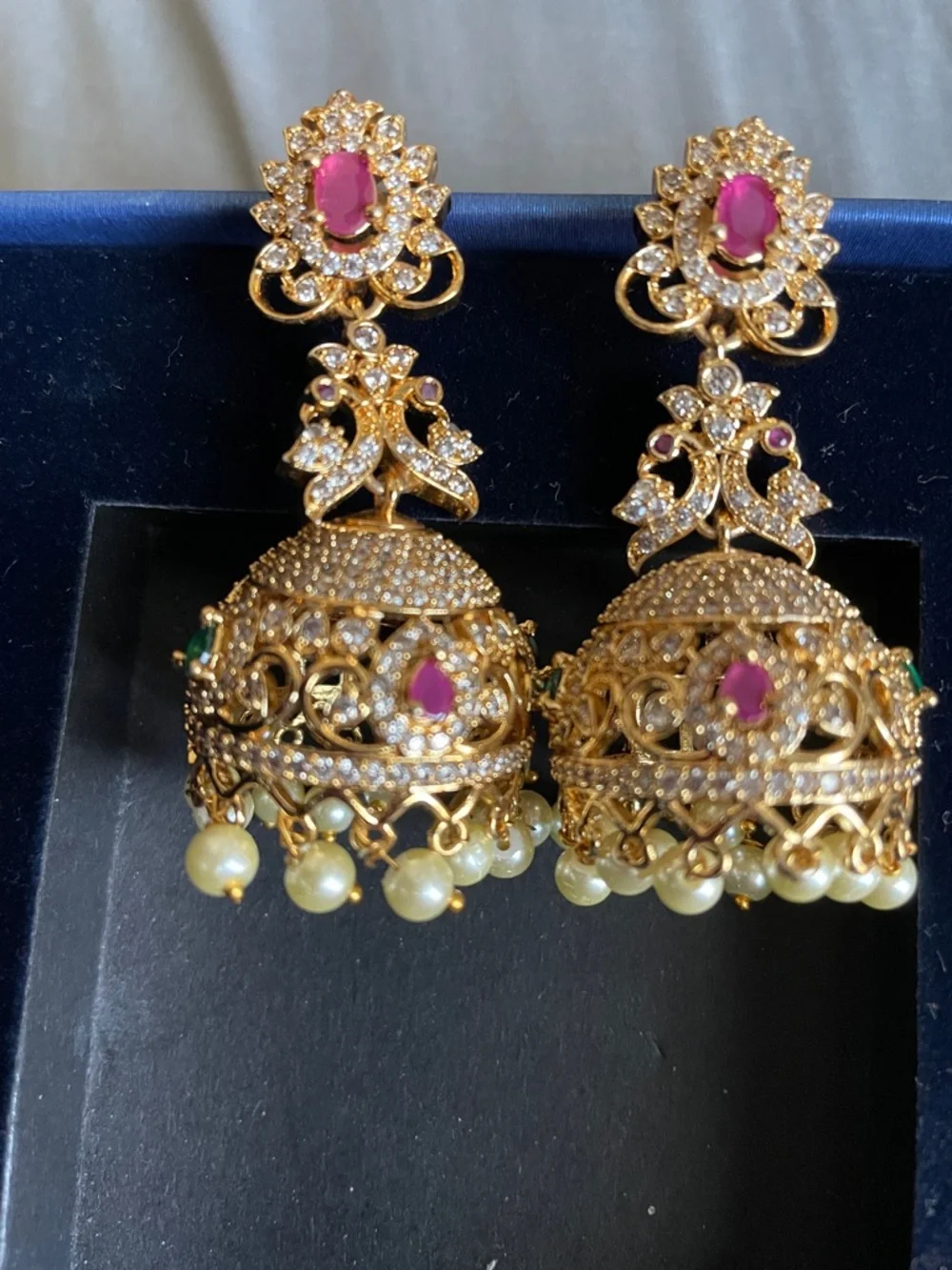 Gold-Tone Pink Stone Jhumka Earrings with Pearl Drops